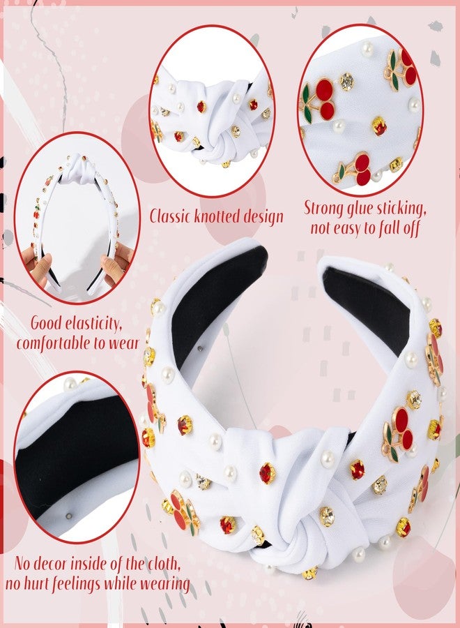 PANTIDE Cherry Jeweled Knotted Headband - Red Cherry Cute Charms Rhinestone Pearl Embellished Headband Wide Top Knot Non Slip Fashion Hairband Hair Accessories Birthday Gift for Women Girl (White) - Image 3